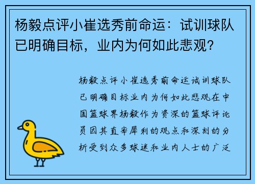 杨毅点评小崔选秀前命运：试训球队已明确目标，业内为何如此悲观？