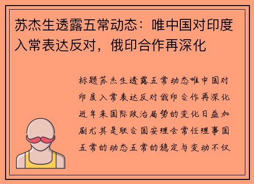 苏杰生透露五常动态：唯中国对印度入常表达反对，俄印合作再深化